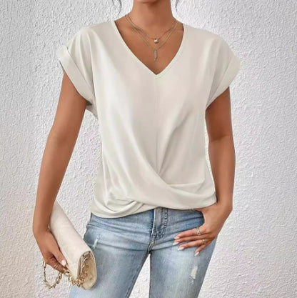 Fashion V-neck Short-sleeve T-shirt Summer Casual Irregular Knot Top For Women Clothing