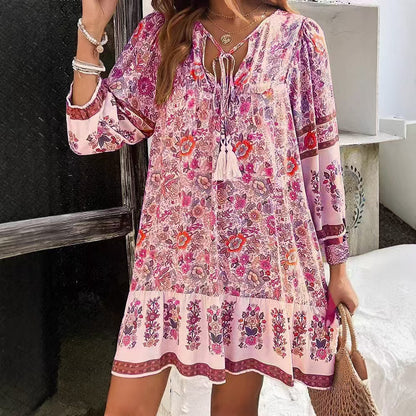 Spring And Summer Leisure Bohemian Holiday V-neck Dress For Women