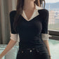 Temperament Wild V-neck Color-block Slim Fit Slimming T-shirt