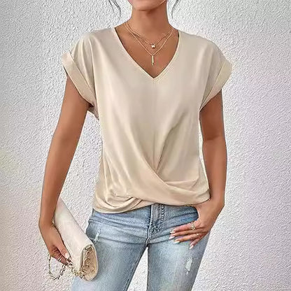 Fashion V-neck Short-sleeve T-shirt Summer Casual Irregular Knot Top For Women Clothing