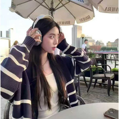Striped Knitted Cardigan Women&