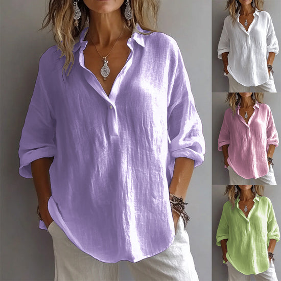 Fashion Long-sleeved Lapel Pullover Shirt Casual Loose Solid Color T-shirt Tops Women&