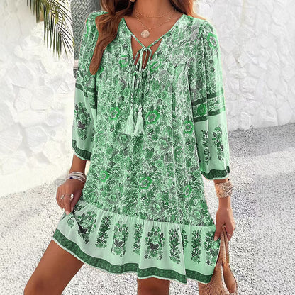 Spring And Summer Leisure Bohemian Holiday V-neck Dress For Women